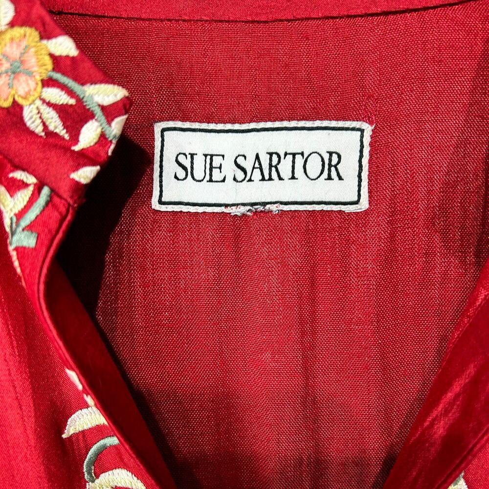 Sue Sartor Silk Moroccan Band Collar Kaftan / Maxi Dress in Cinnabar Red,  Sz L - Picture 11 of 16